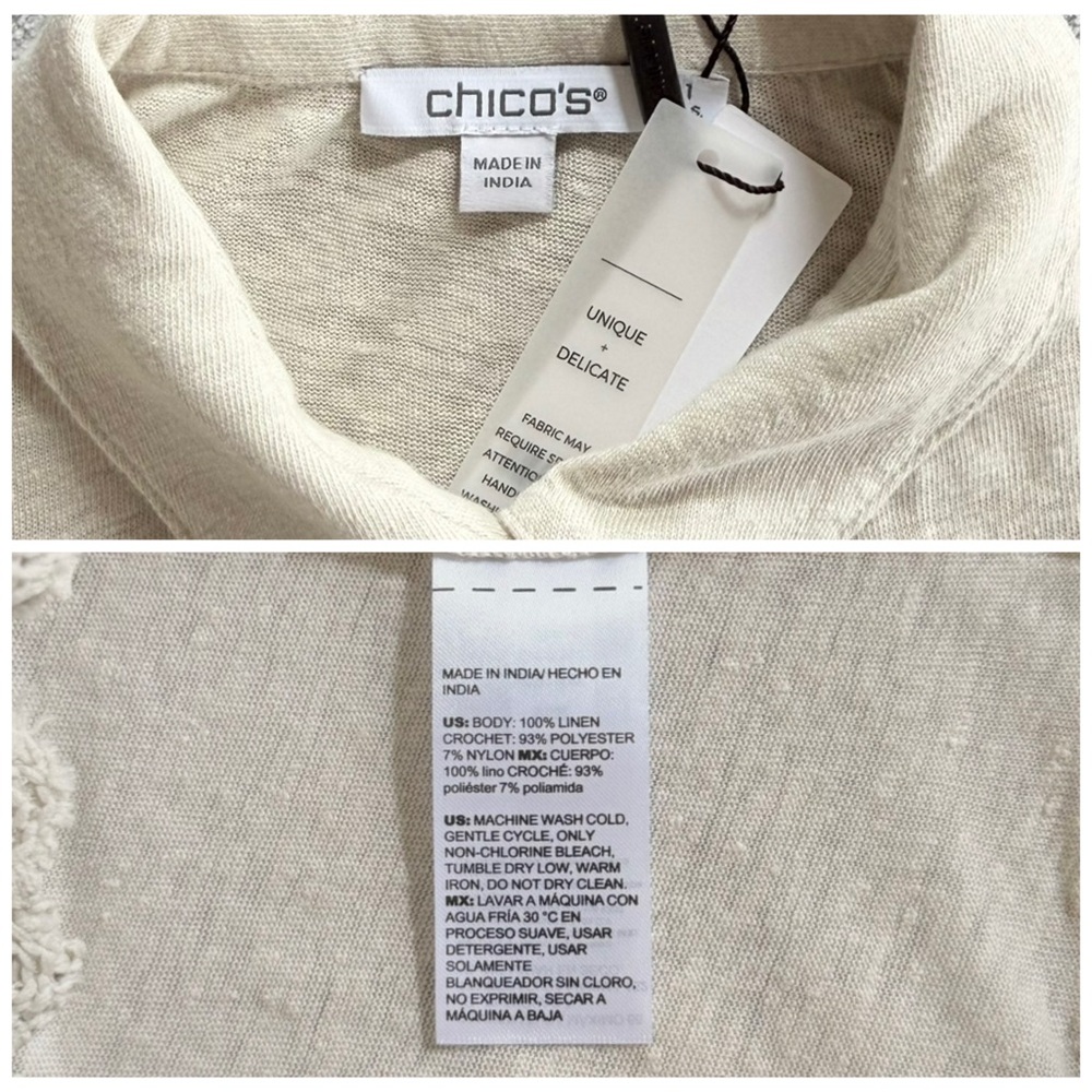 CHICO’S NWT 1 Crochet Trim Linen Shirt in River Rock Neutral Cream Blouse Top 8 - Picture 6 of 12